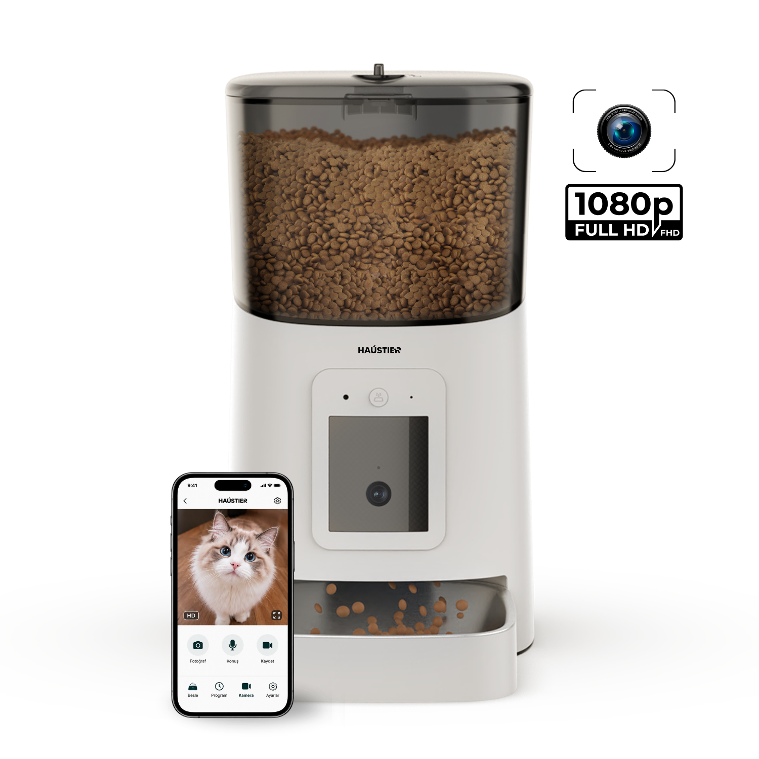 Haustier PP003 Pro Beyaz Kameralı 1080P FHD Gece Görüş Akıllı Otomatik Kedi Mama Kabı, Tuya App-Wifi Uzaktan Kontrol, Sesle Çağırma, 2.4Ghz-5Ghz, 6Lt hazne, Metal Kase